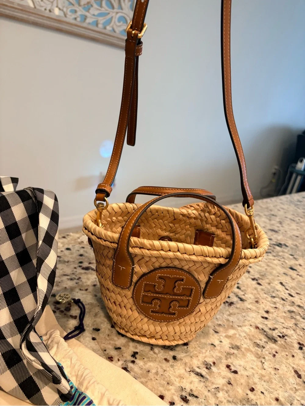 Tory Burch Tan Woven Mini Basket Bag with Black & White Gingham Scarf